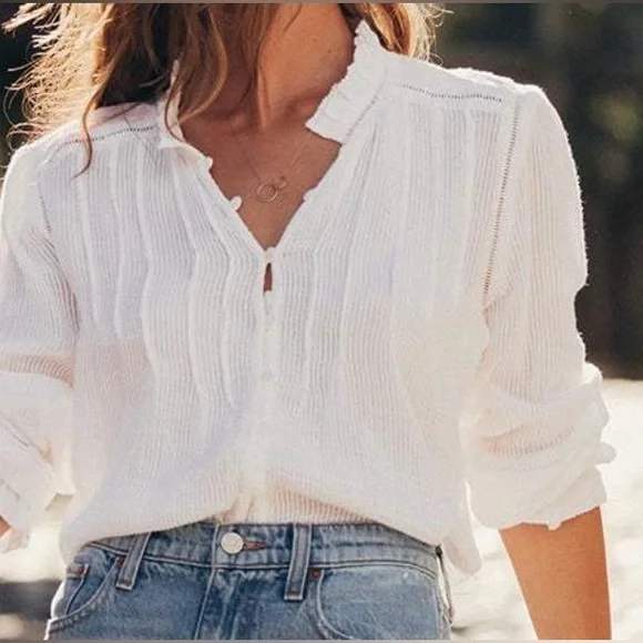 Faherty Willa Organic Cotton Boho White Ruffled Blouse L - Picture 4 of 4